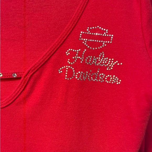 🔥🔥🔥Harley Davidson Red Deep Scoop Neck Long Sleeve Embellished Shirt - Picture 1 of 6